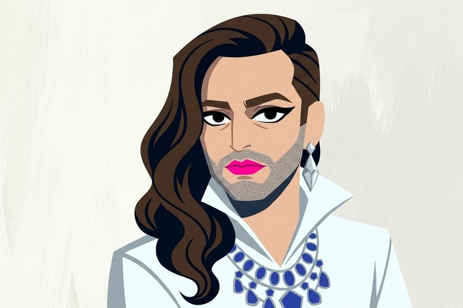 Illustrated portrait of a bearded figure with long hair and makeup