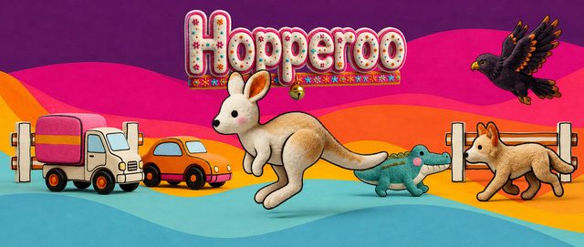Hopperoo game cover: a felt-toy kangaroo hops past a truck, a car, a crocodile, a dingo and an eagle