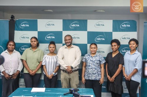 NICTA officials and Girls in ICT scholarship recipients at a press event